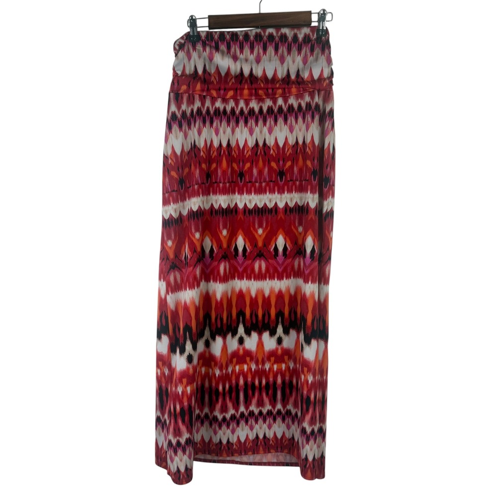 Alyx Women's Large Red Pink Ikat Geometric Print Maxi Skirt Side Ruched